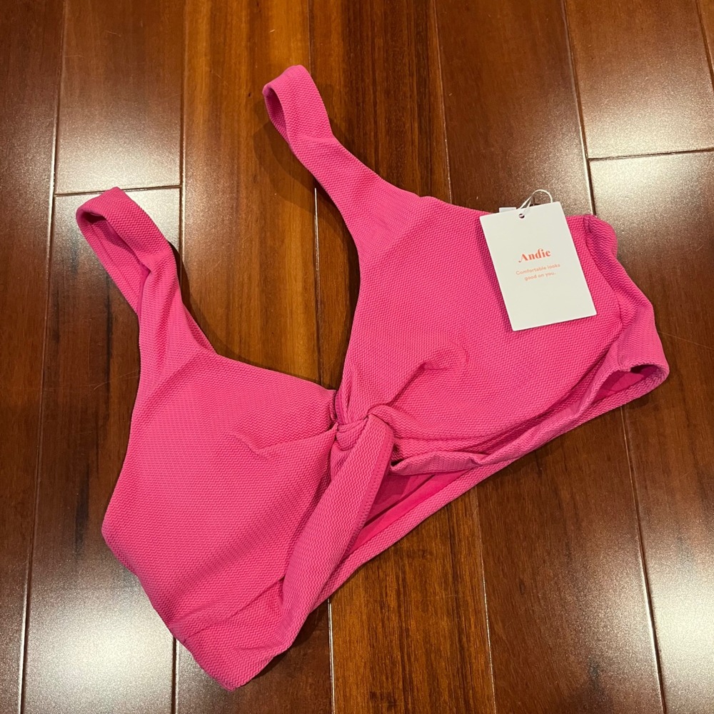 Andie Pink Bikini Top Swim The Portofino Orchid Pink Ribbed Front Knot New Sz M